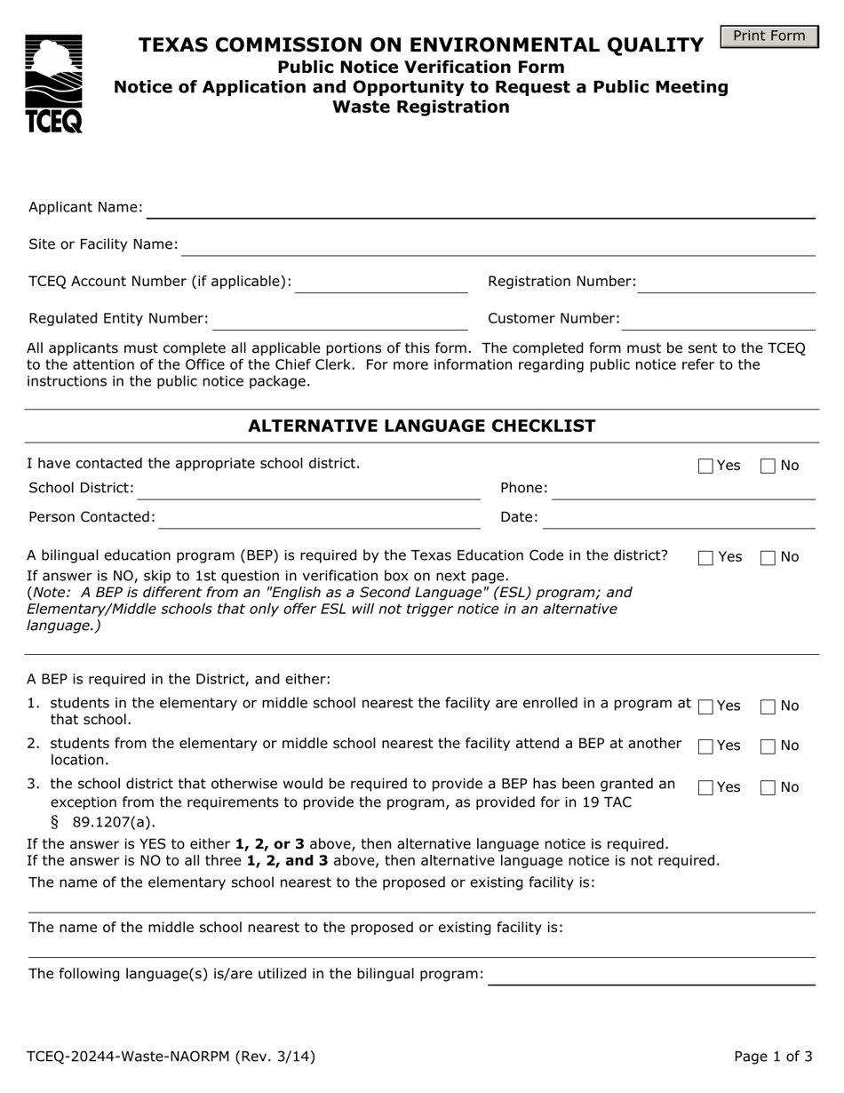 Form 20244-WASTE-NAORP Public Notice Verification Form for Naorpm - Texas, Page 1