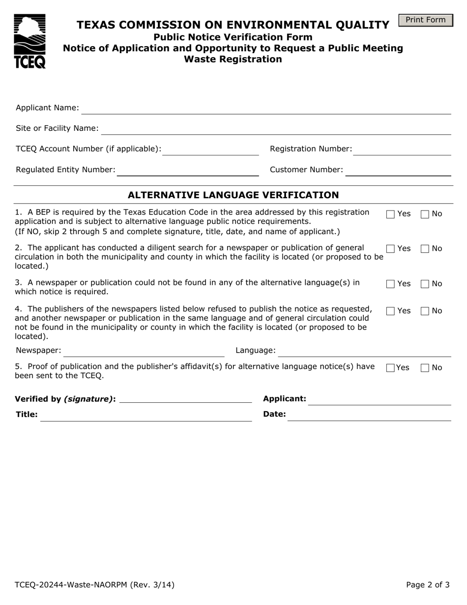 Form 20244-WASTE-NAORP Public Notice Verification Form for Naorpm - Texas, Page 2
