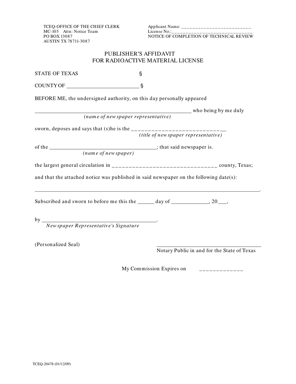 Form 20478 Publishers Affidavit for Radioactive Material Licensce - Texas, Page 1