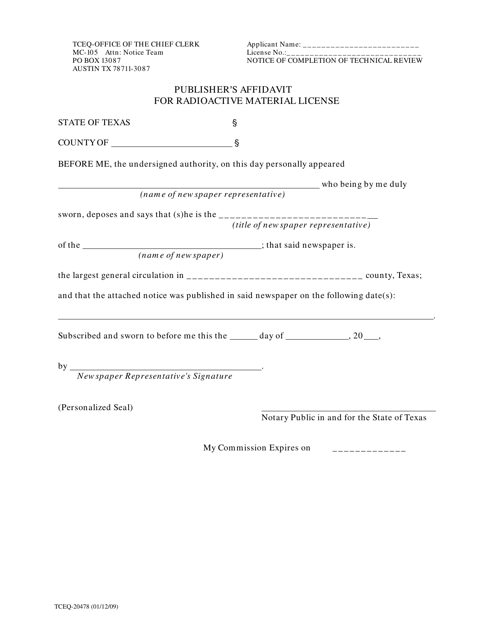 Form 20478 Publisher's Affidavit for Radioactive Material Licensce - Texas