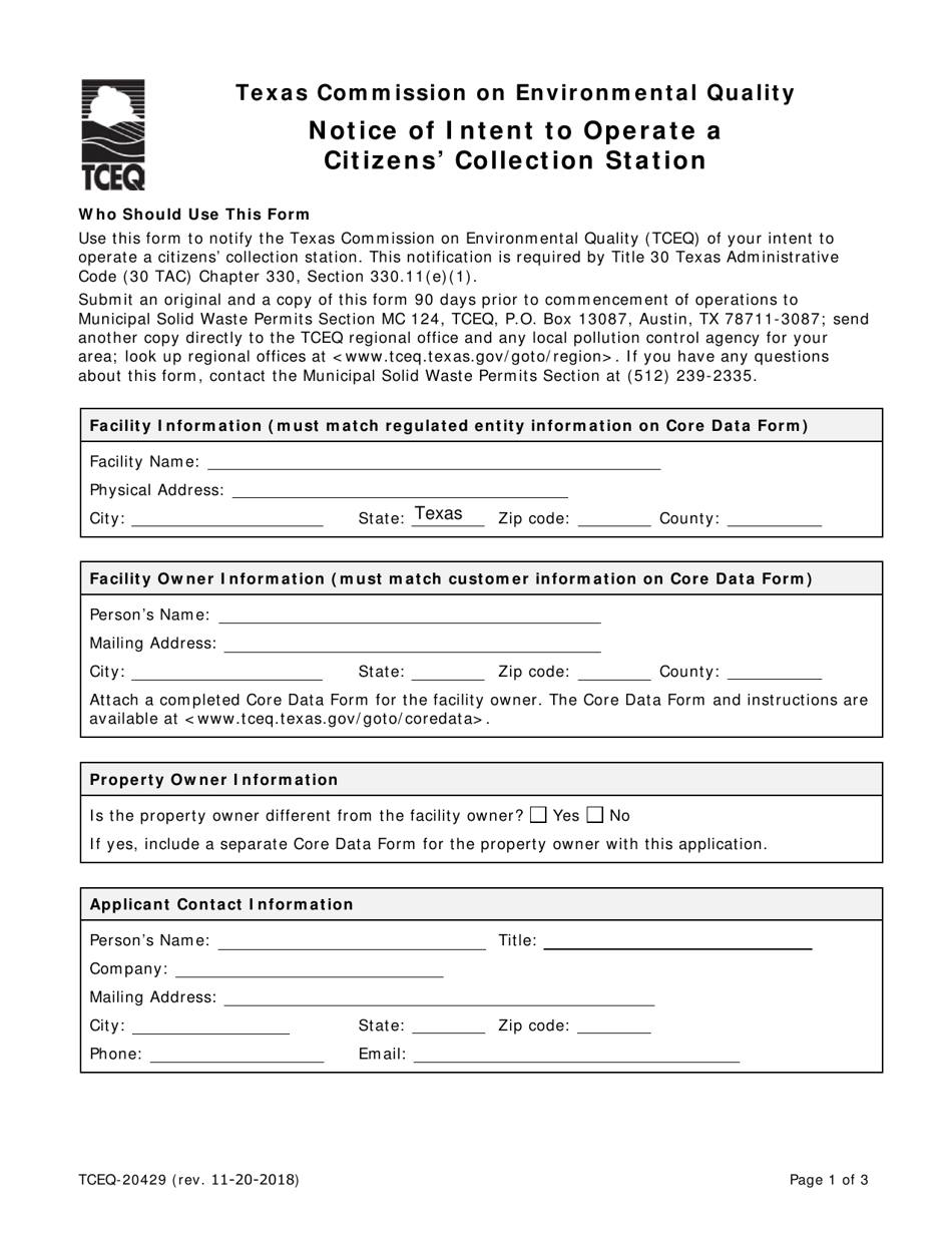 Form 20429 Notice of Intent to Operate a Citizens Collection Station - Texas, Page 1