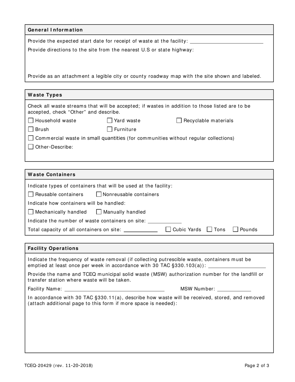 Form 20429 Notice of Intent to Operate a Citizens Collection Station - Texas, Page 2