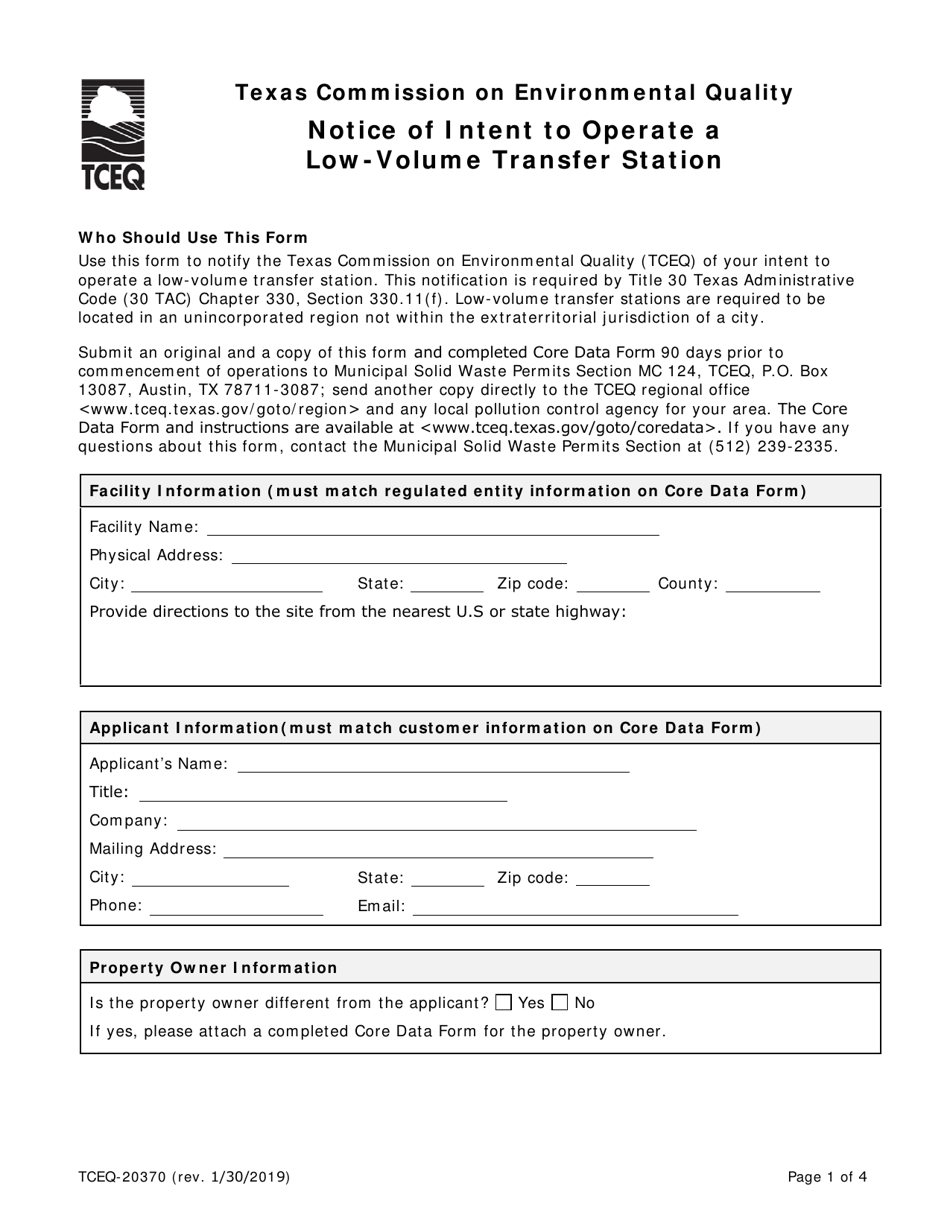 Form 20370 Notice of Intent to Operate a Low-Volume Transfer Station - Texas, Page 1