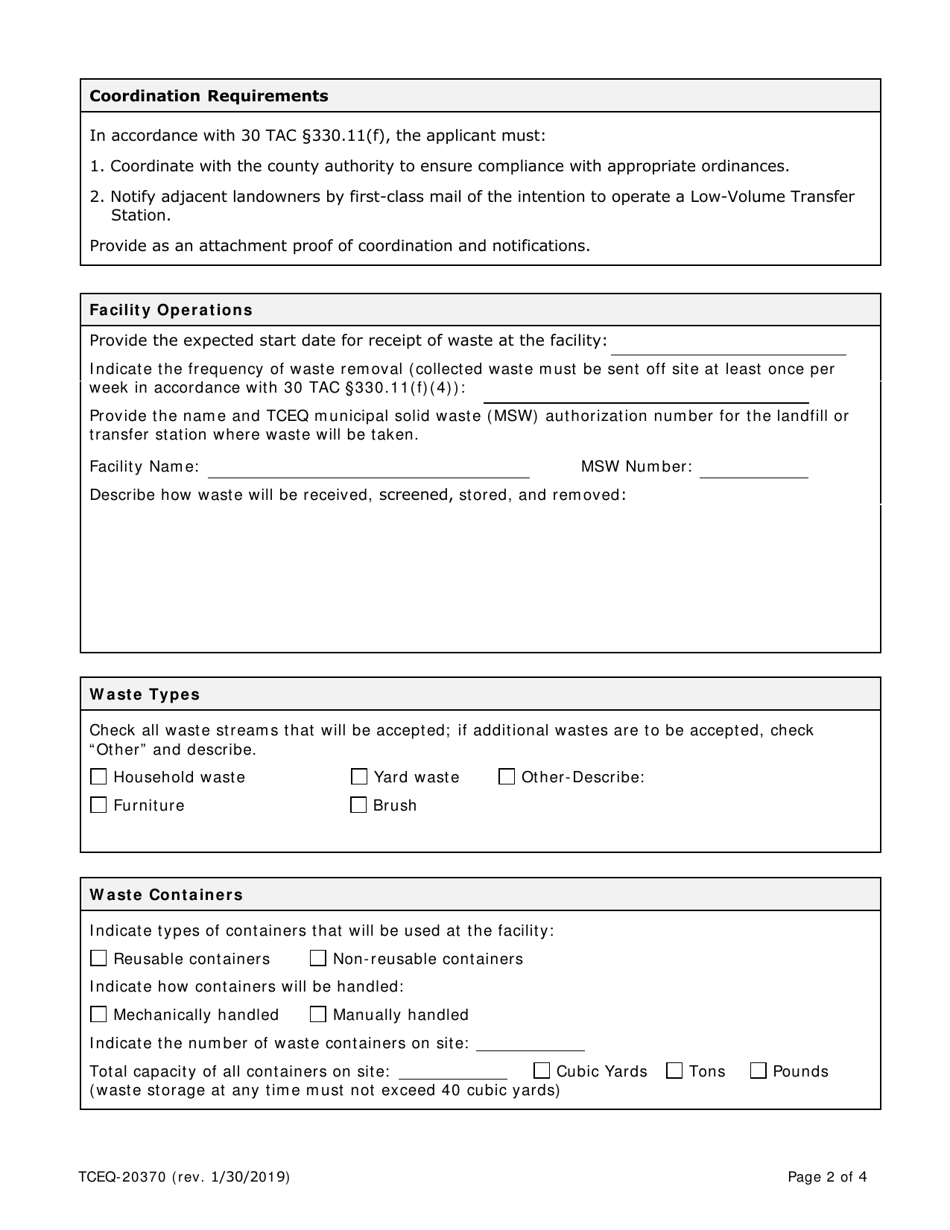 Form 20370 Notice of Intent to Operate a Low-Volume Transfer Station - Texas, Page 2