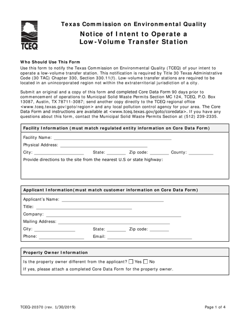Form 20370 Notice of Intent to Operate a Low-Volume Transfer Station - Texas