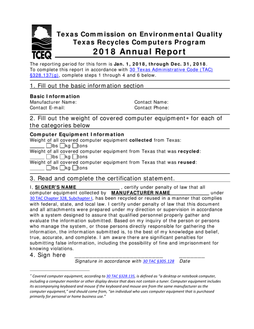 Form 20596 Texas Recycles Computers Program Annual Report - Texas, 2018