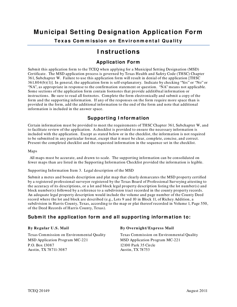 Form 20149 Municipal Setting Designation Application Form - Texas, Page 1