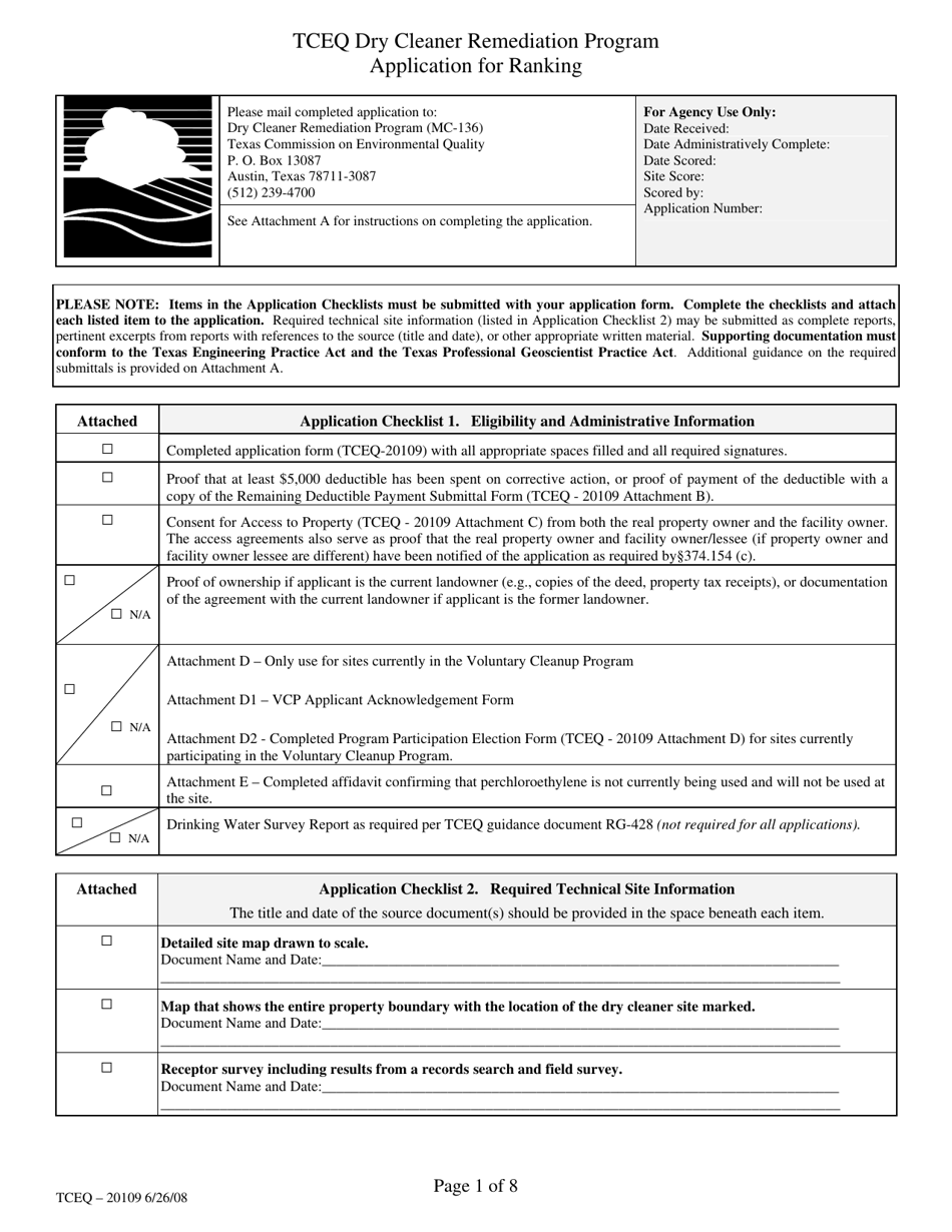 Form 20109 Tceq Dry Cleaner Remediation Program Application for Ranking - Texas, Page 1