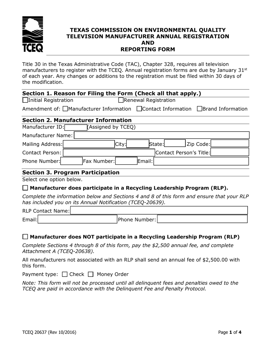Form 20637 Television Manufacturer Annual Registration and Reporting Form - Texas, Page 1