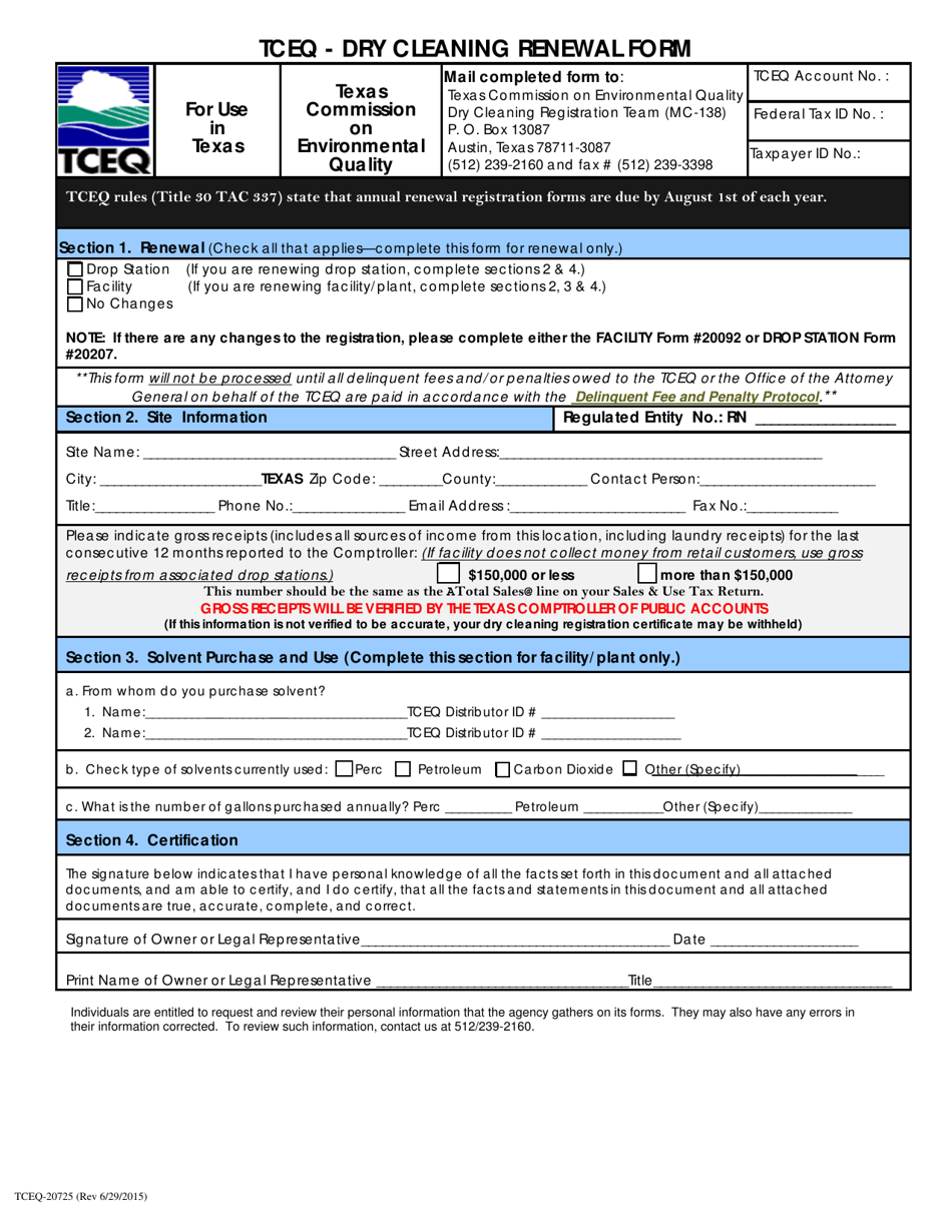 Form 20725 Dry Cleaning Renewal Form - Texas, Page 1