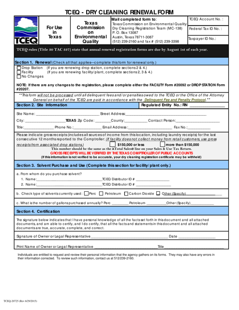 Form 20725 Dry Cleaning Renewal Form - Texas