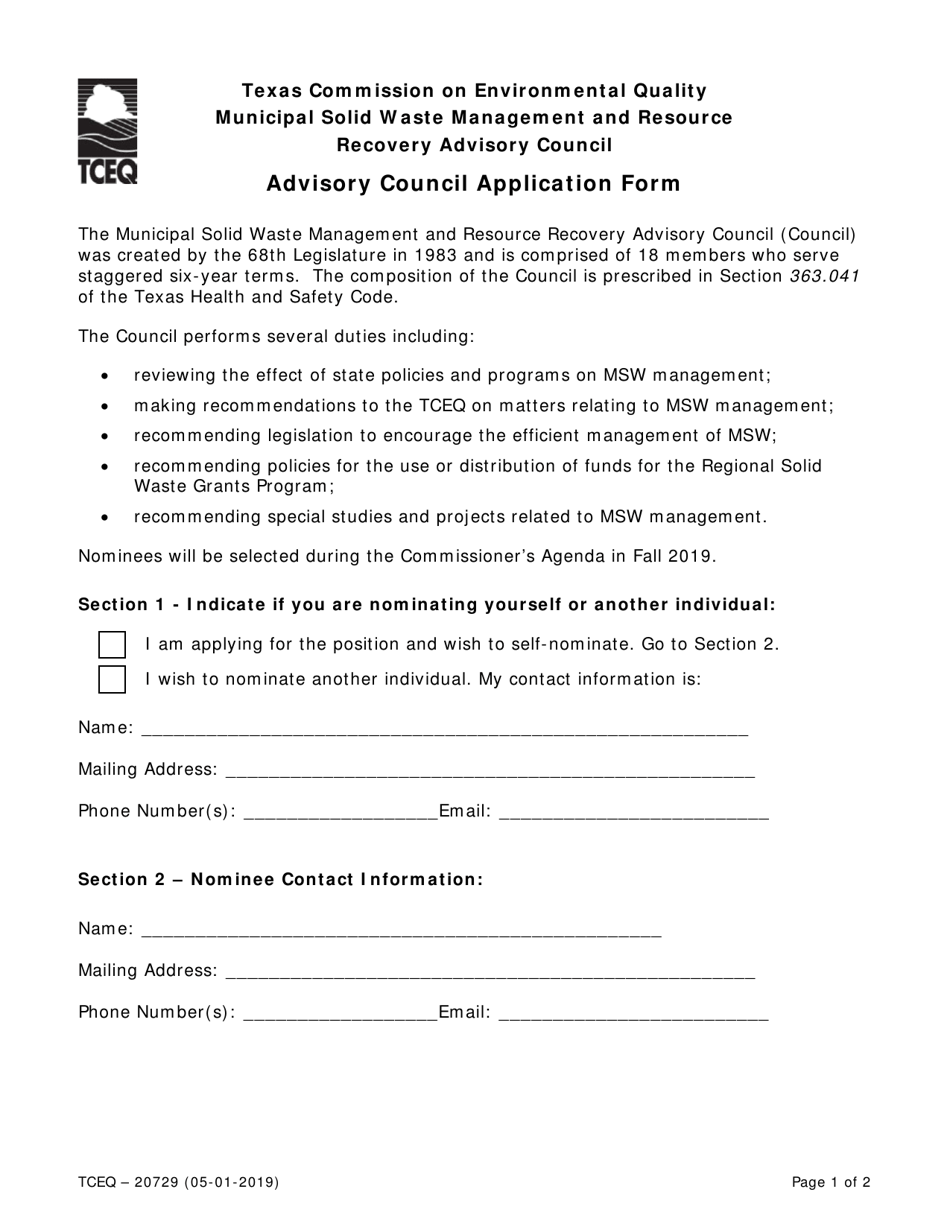 Form 20729 Advisory Council Application Form - Texas, Page 1