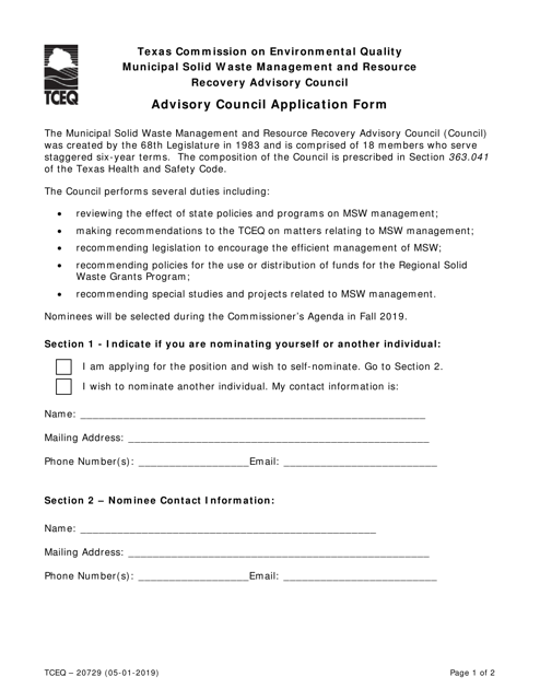 Form 20729 Advisory Council Application Form - Texas