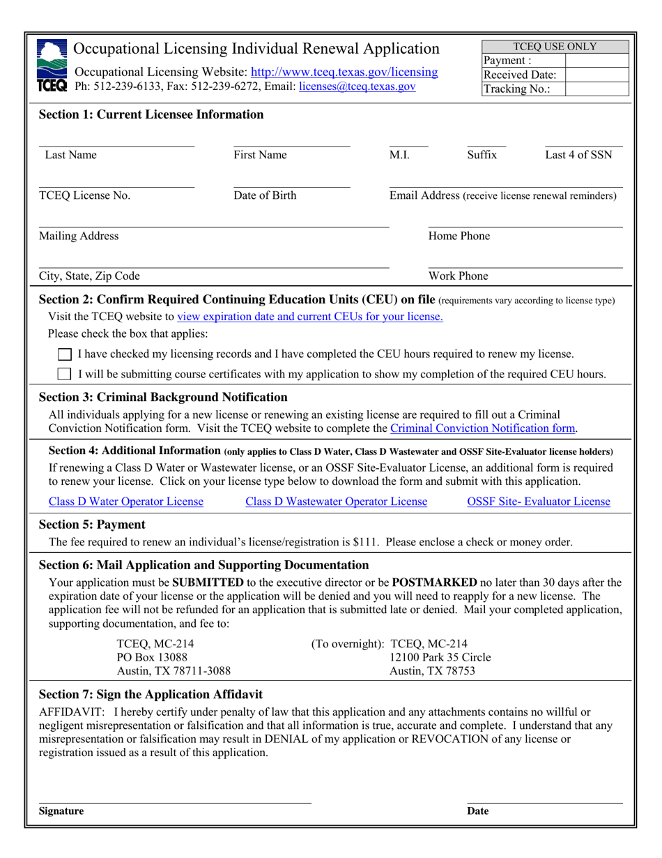Form 20633 Occupational Licensing Individual Renewal Application - Texas, Page 1