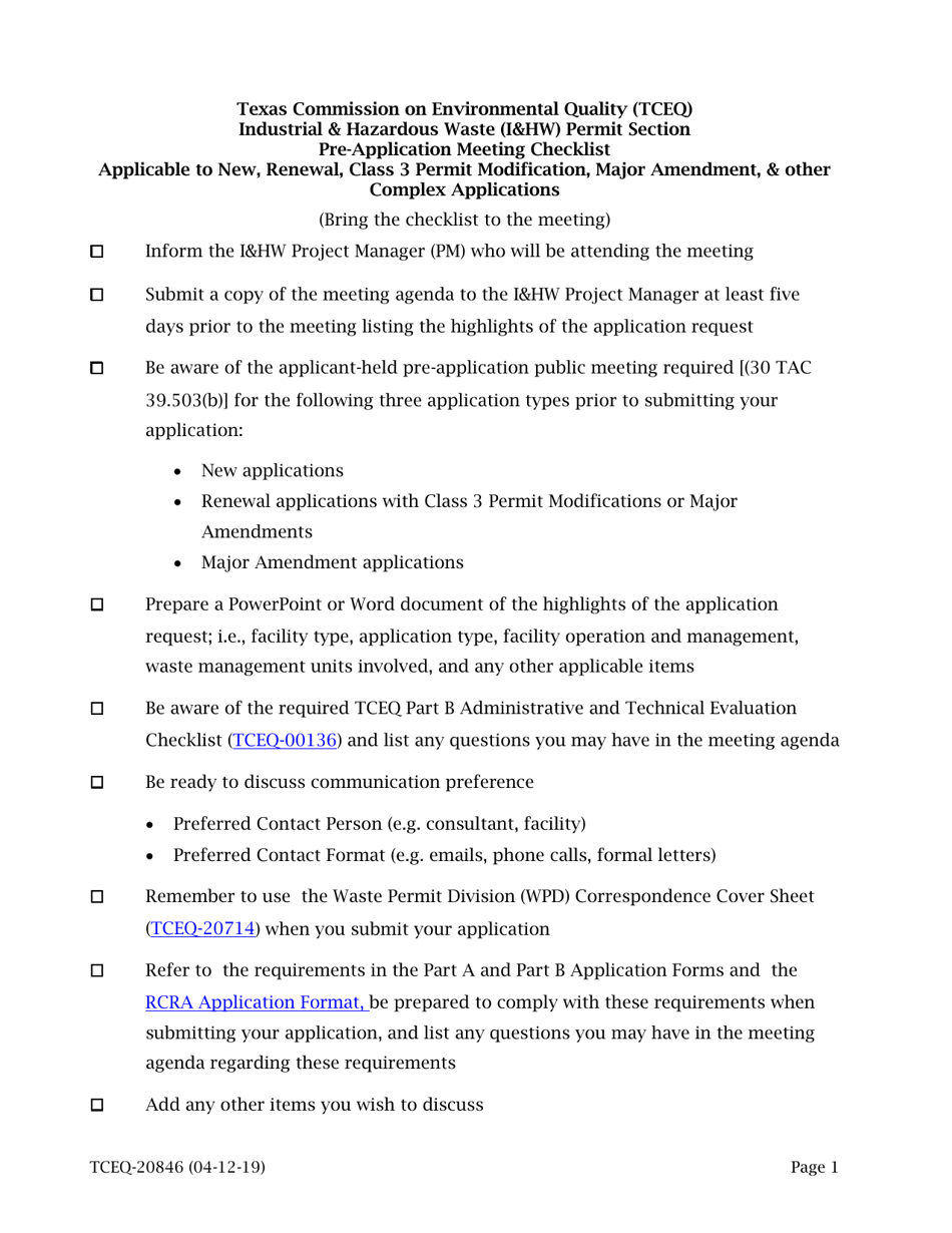 Form 20846 Industrial  Hazardous Waste (Ihw) Permit Section Pre-application Meeting Checklist - Texas, Page 1