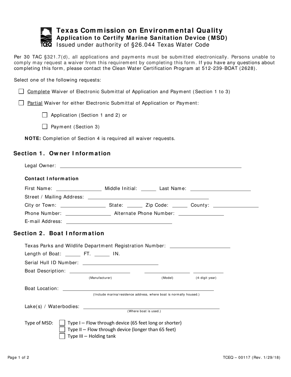 Form 00117 Application to Certify Marine Sanitation Device (Msd) - Texas, Page 1