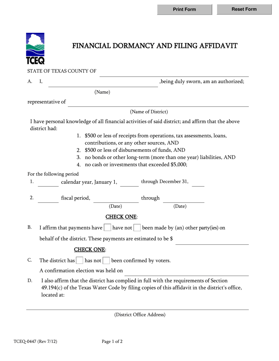 Form 0447 Financial Dormancy and Filing Affidavit - Texas, Page 1