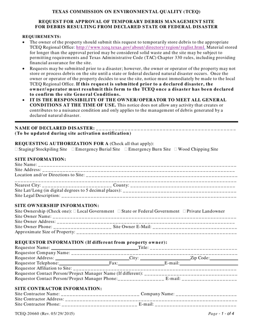 Form 20660 Request for Approval of Temporary Debris Management Site for Debris Resulting From Declared State or Federal Disaster - Texas