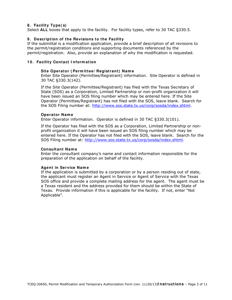 Form 20650 Permit / Registration Modification and Temporary Authorization Application Form for an Msw Facility - Texas, Page 11