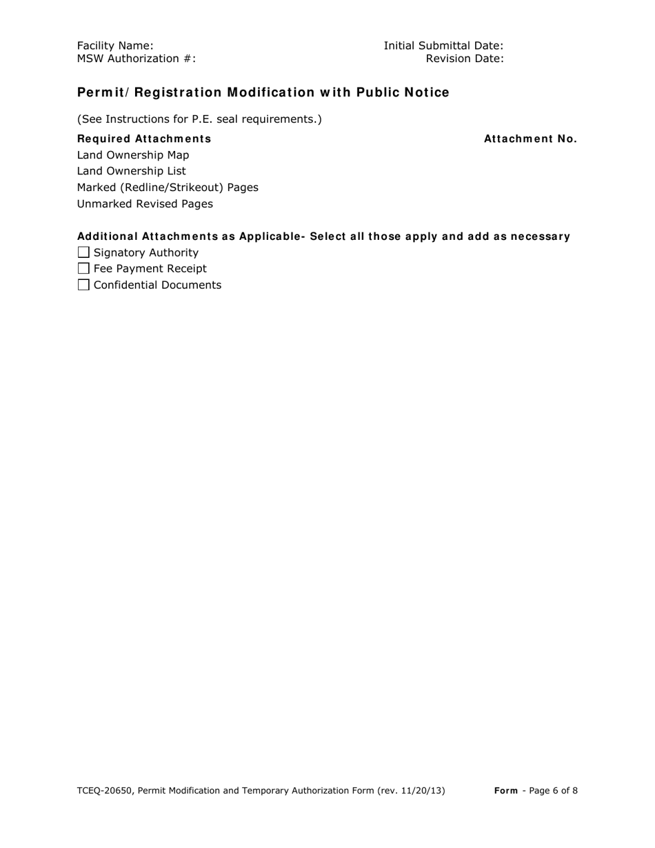 Form 20650 Permit / Registration Modification and Temporary Authorization Application Form for an Msw Facility - Texas, Page 6