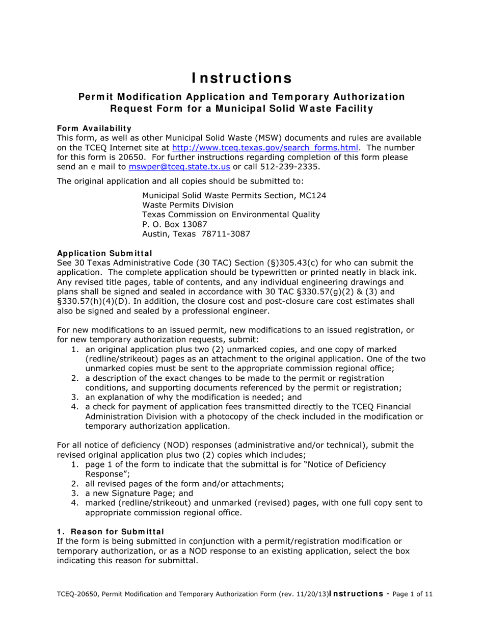 Form 20650 Permit / Registration Modification and Temporary Authorization Application Form for an Msw Facility - Texas, Page 9