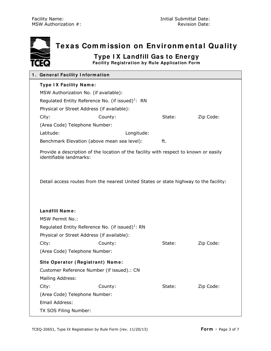 Form 20651 Type IX Landfill Gas to Energy Facility Registration by Rule Application Form - Texas, Page 3