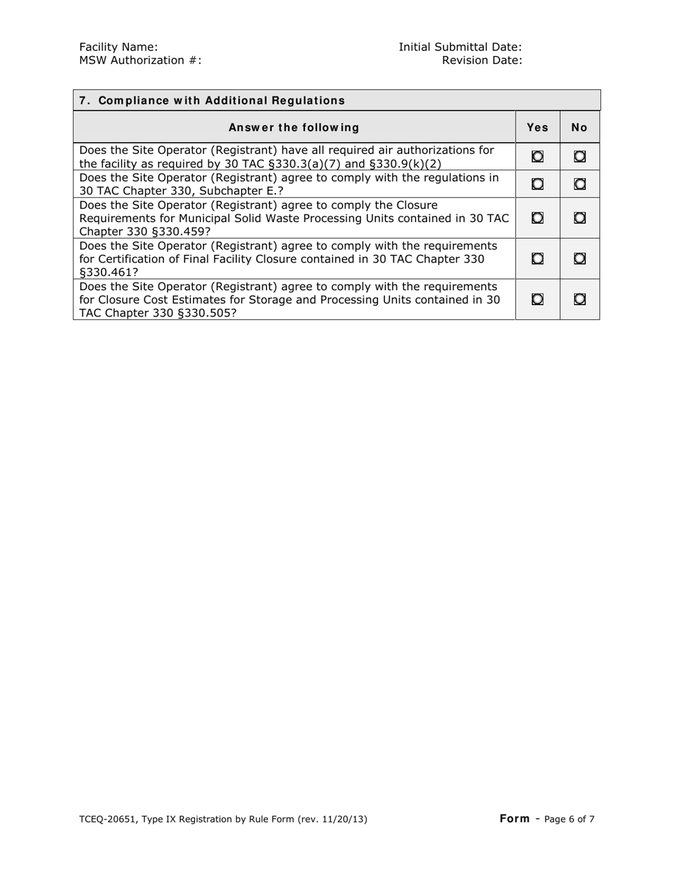 Form 20651 Type IX Landfill Gas to Energy Facility Registration by Rule Application Form - Texas, Page 6