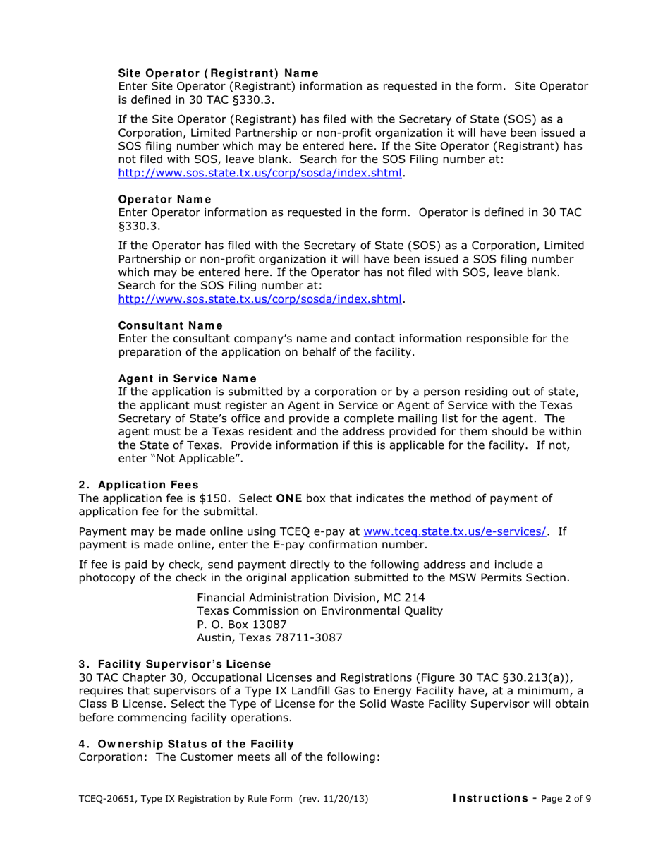 Form 20651 Type IX Landfill Gas to Energy Facility Registration by Rule Application Form - Texas, Page 9