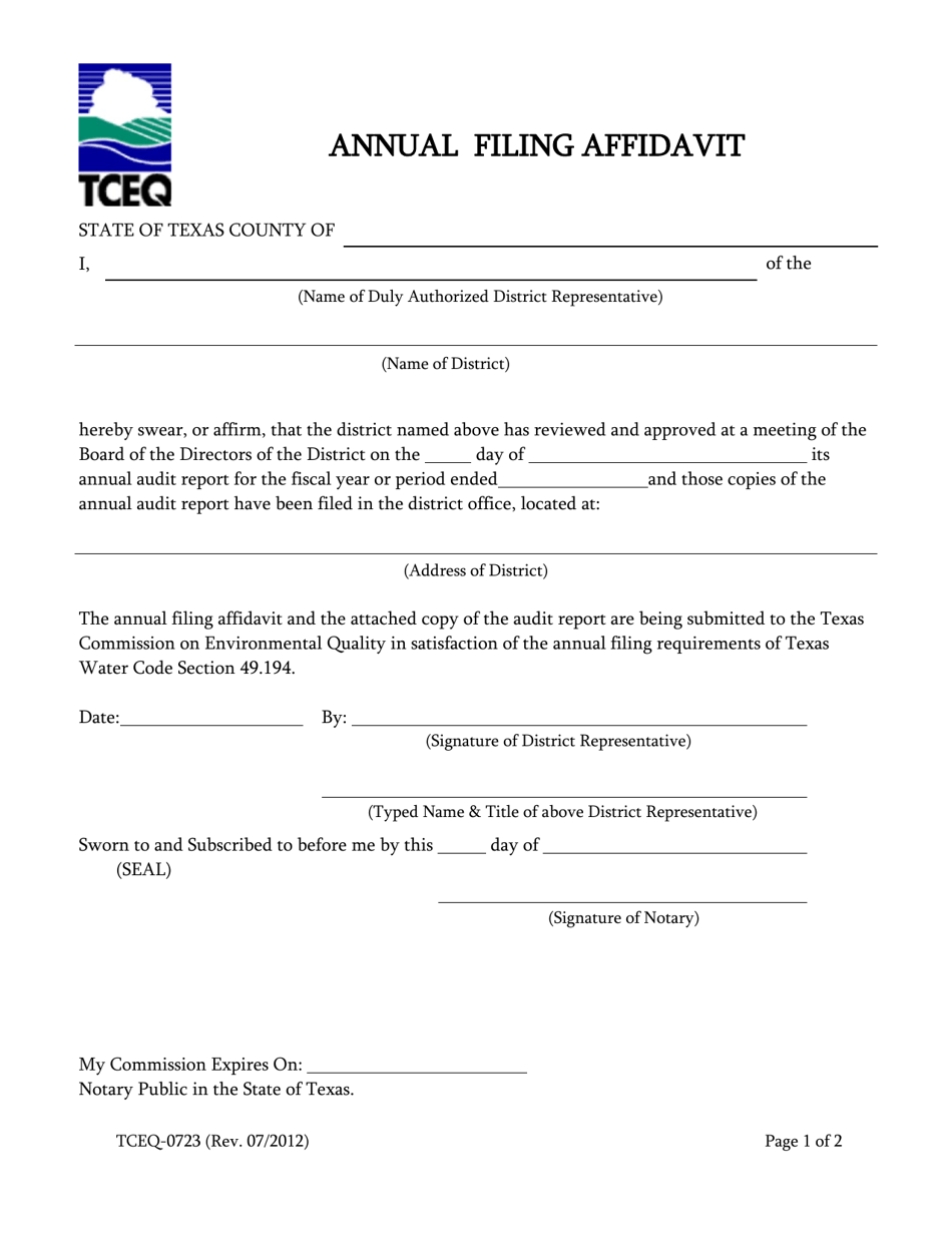 Form 0723 Annual Filing Affidavit - Texas, Page 1