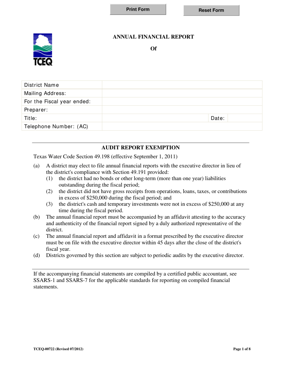 Form 0722 Annual Financial Report - Texas, Page 1