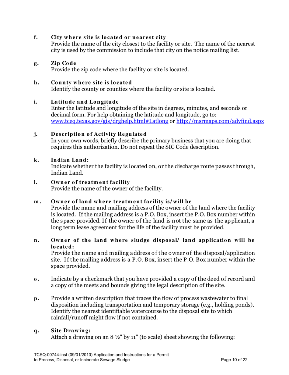 Instructions for Form TCEQ-00744 Application for Permit to Process, Surface Dispose, or Incinerate Sludge - Texas, Page 10