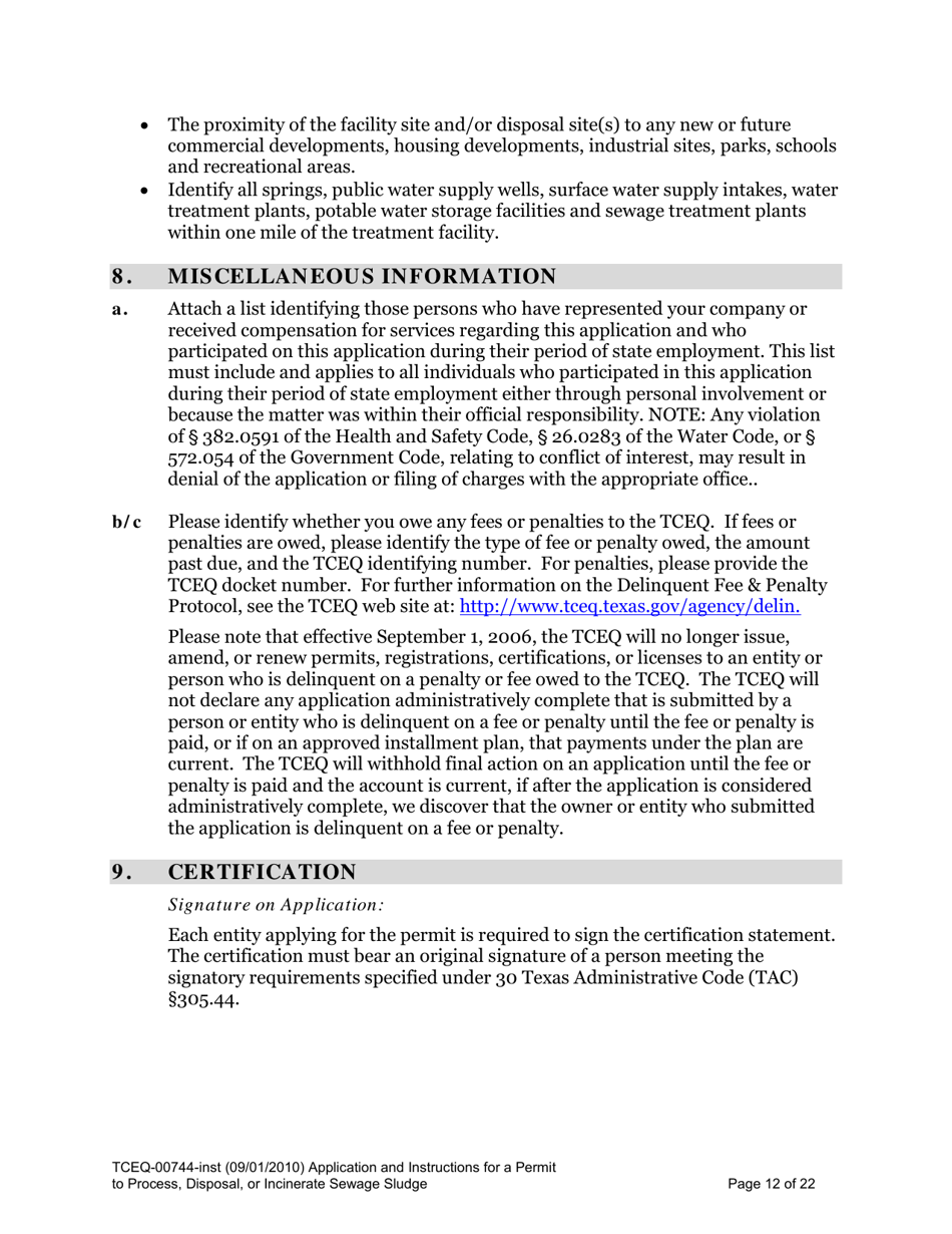 Instructions for Form TCEQ-00744 Application for Permit to Process, Surface Dispose, or Incinerate Sludge - Texas, Page 12