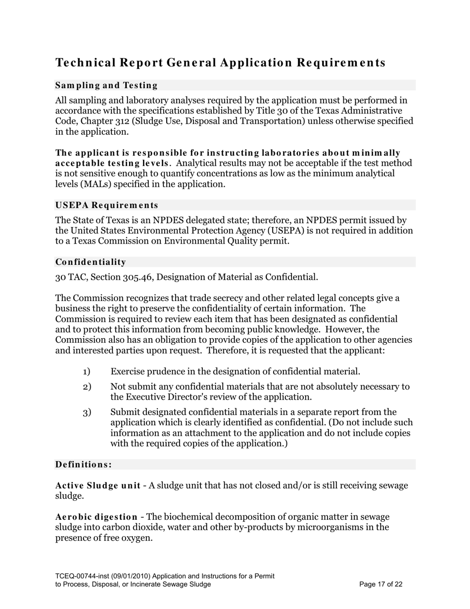 Instructions for Form TCEQ-00744 Application for Permit to Process, Surface Dispose, or Incinerate Sludge - Texas, Page 17