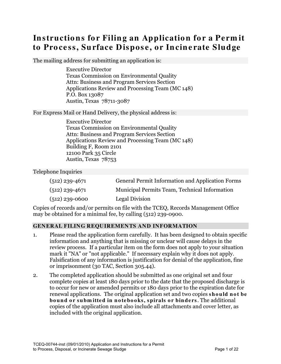 Instructions for Form TCEQ-00744 Application for Permit to Process, Surface Dispose, or Incinerate Sludge - Texas, Page 1