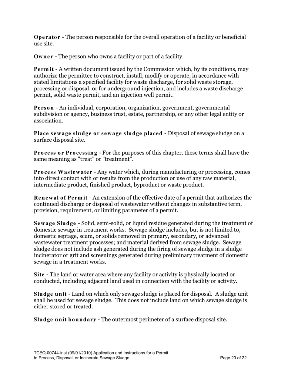 Instructions for Form TCEQ-00744 Application for Permit to Process, Surface Dispose, or Incinerate Sludge - Texas, Page 20