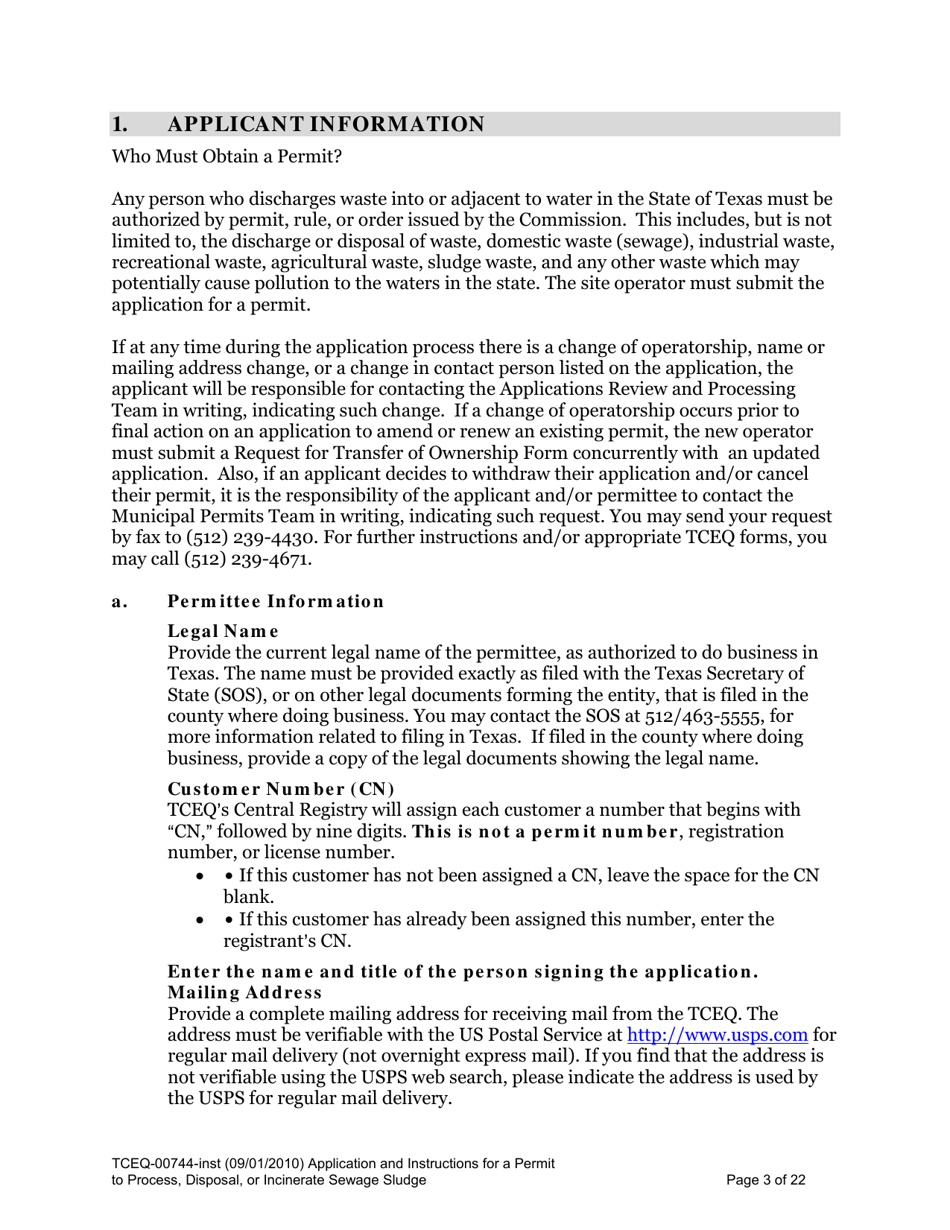 Instructions for Form TCEQ-00744 Application for Permit to Process, Surface Dispose, or Incinerate Sludge - Texas, Page 3