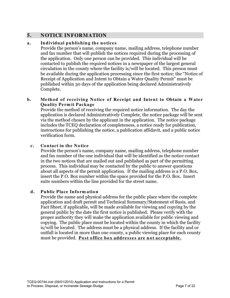 Instructions for Form TCEQ-00744 Application for Permit to Process, Surface Dispose, or Incinerate Sludge - Texas, Page 7