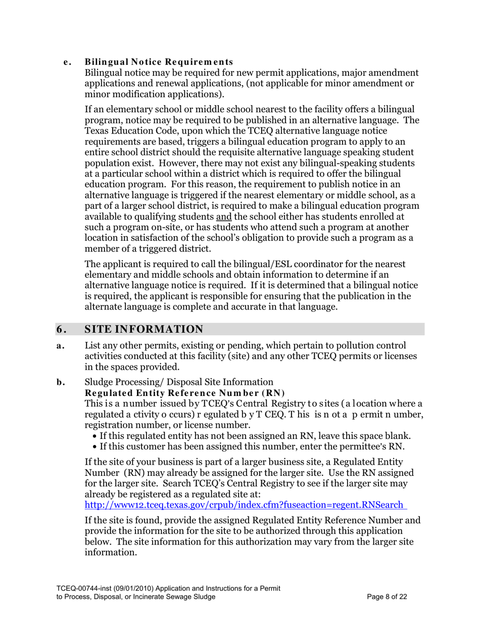 Instructions for Form TCEQ-00744 Application for Permit to Process, Surface Dispose, or Incinerate Sludge - Texas, Page 8
