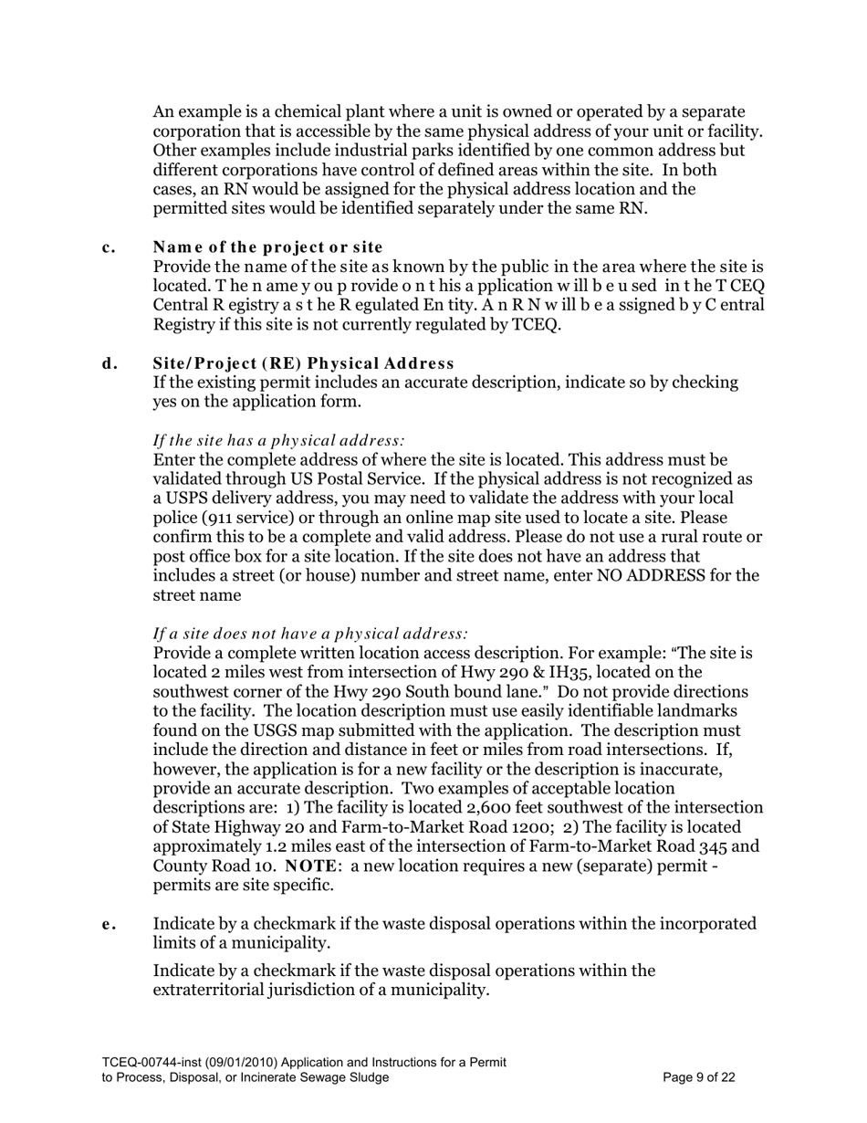 Instructions for Form TCEQ-00744 Application for Permit to Process, Surface Dispose, or Incinerate Sludge - Texas, Page 9