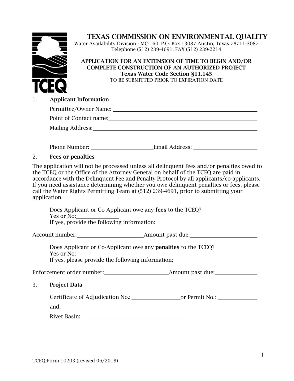 Form 10203 Application for an Extension of Time to Begin and / or Complete Construction of an Authorized Project - Texas, Page 1
