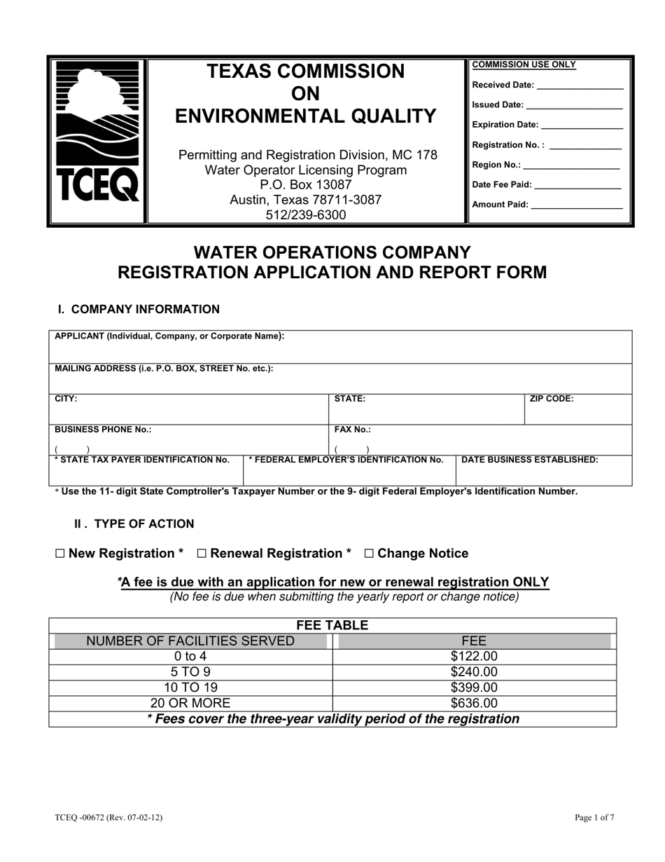 Form 00672 Water Operations Company Registration Application and Report Form - Texas, Page 1