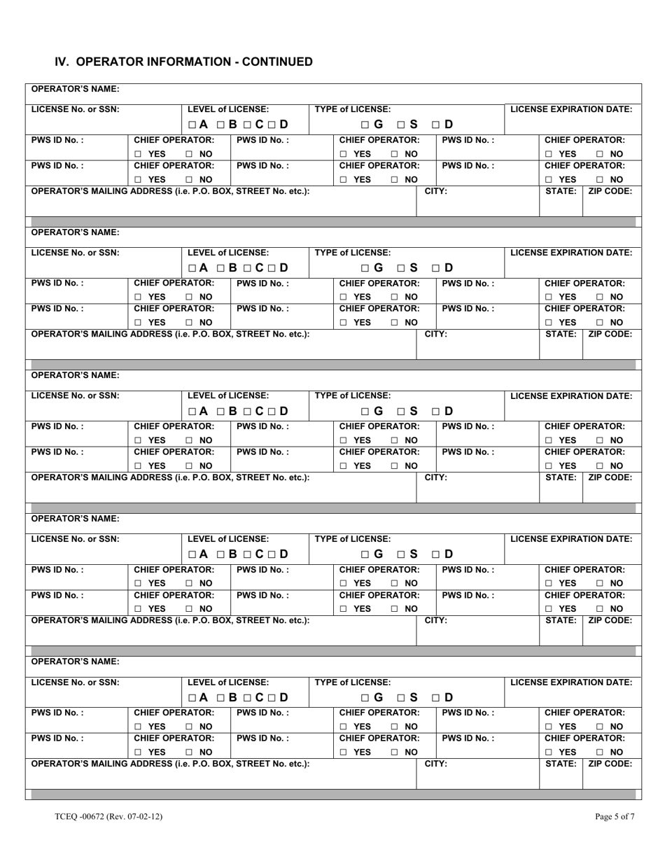Form 00672 Water Operations Company Registration Application and Report Form - Texas, Page 5