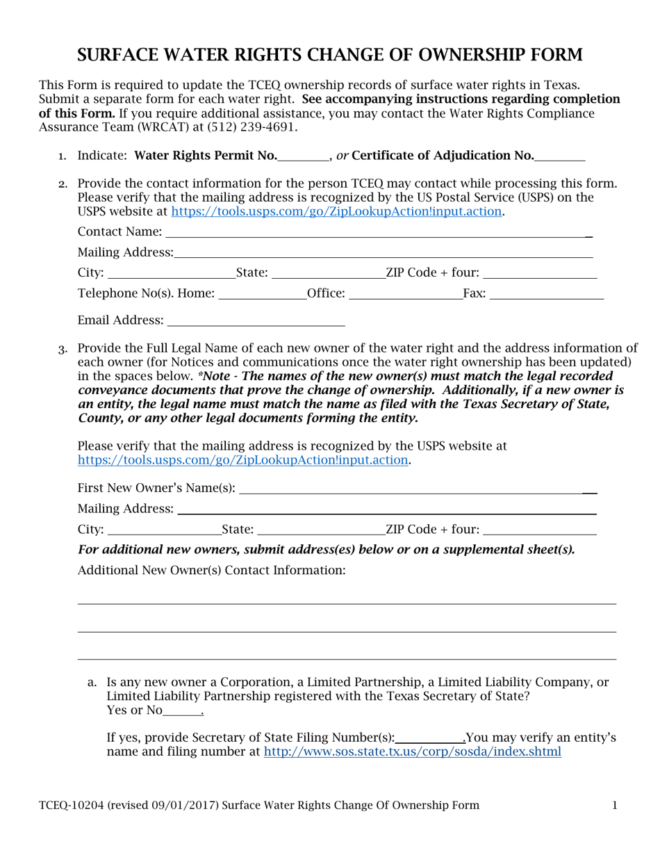 Form 10204 Surface Water Rights Change of Ownership Form - Texas, Page 1