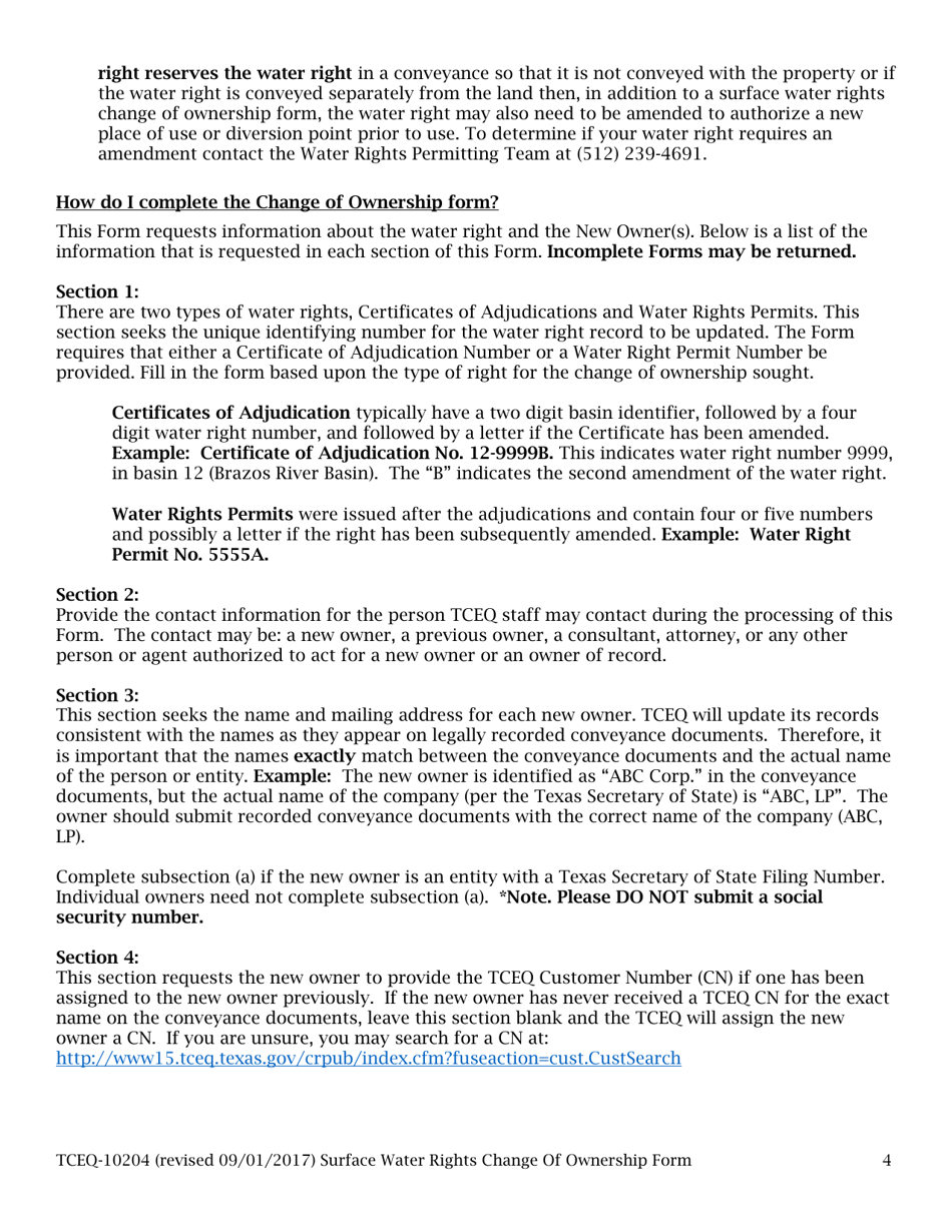 Form 10204 Surface Water Rights Change of Ownership Form - Texas, Page 4