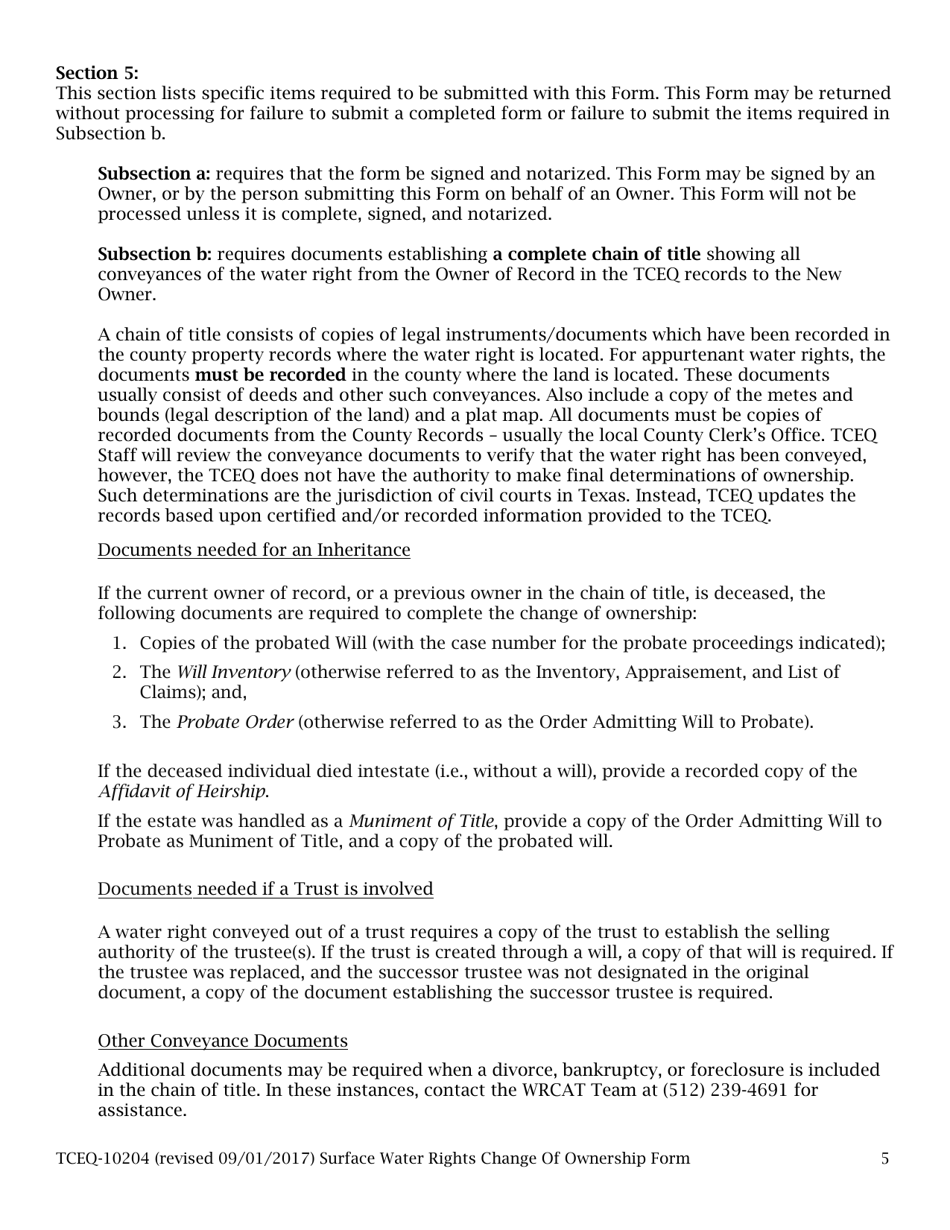Form 10204 Surface Water Rights Change of Ownership Form - Texas, Page 5