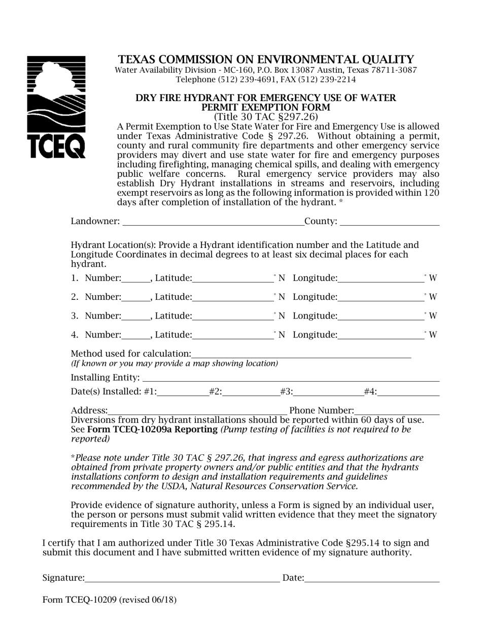 Form 10209 Dry Fire Hydrant for Emergency Use of Water Permit Exemption Form - Texas, Page 1