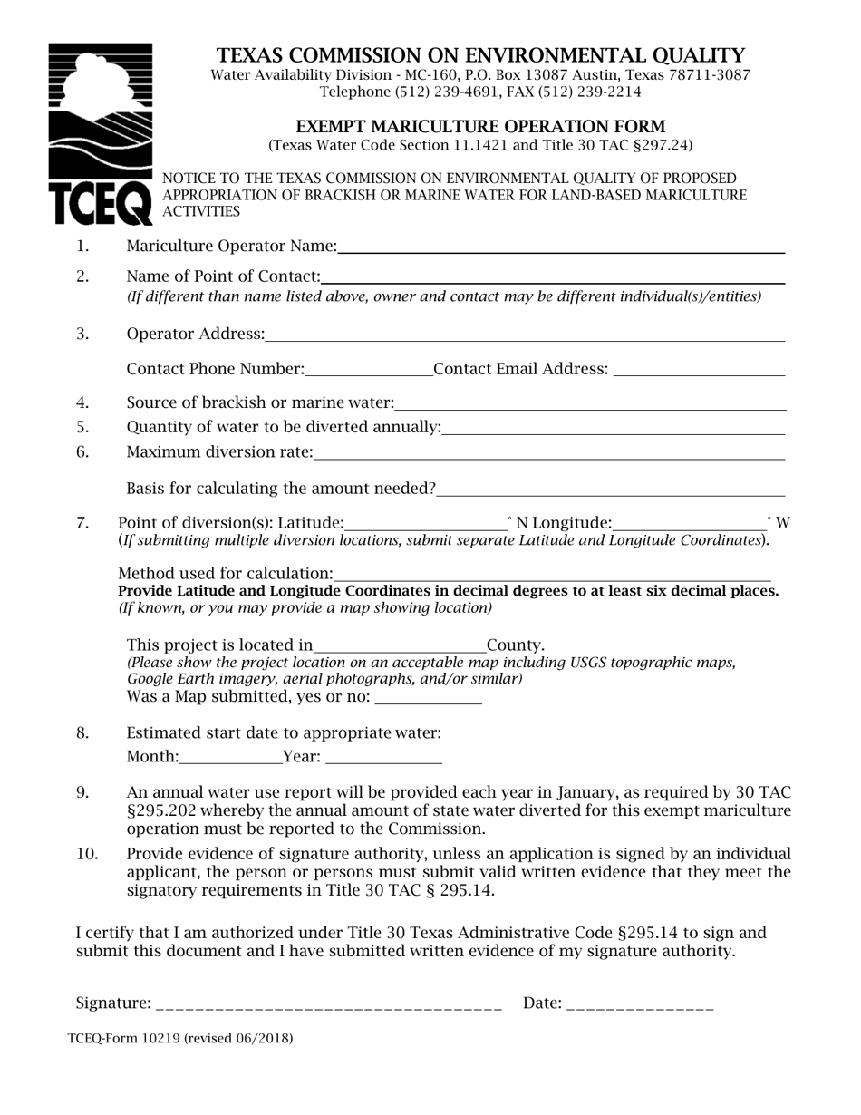 Form 10219 Exempt Mariculture Operation Form - Texas, Page 1