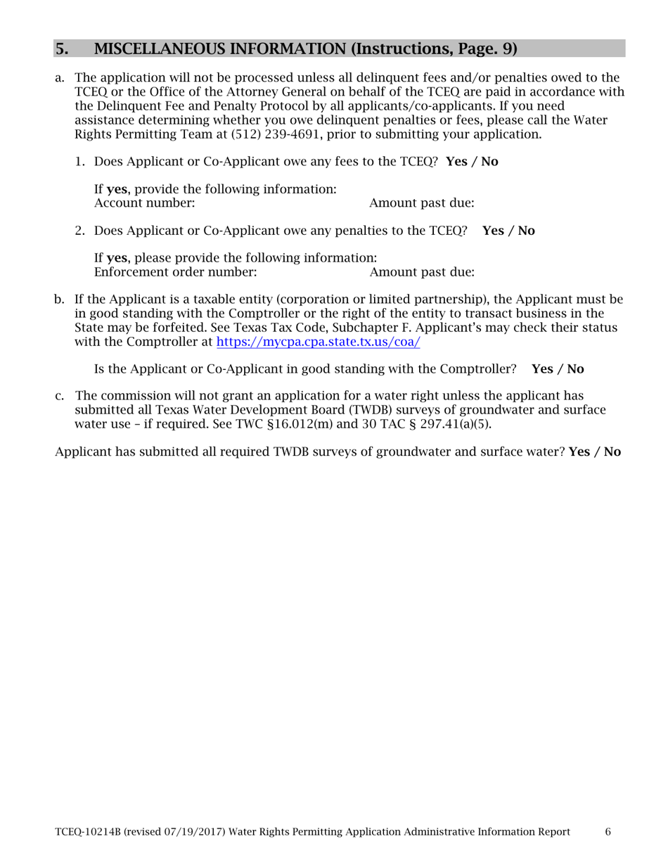Form 10214B Water Rights Permitting Application Administrative Information Checklist - Texas, Page 6