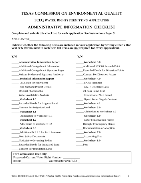 Form 10214B Water Rights Permitting Application Administrative Information Checklist - Texas