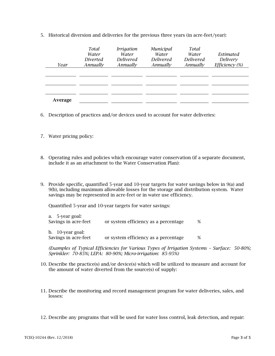 Form 10244 System Inventory and Water Conservation Plan for Agricultural Water Suppliers Providing Water to More Than One User - Texas, Page 3